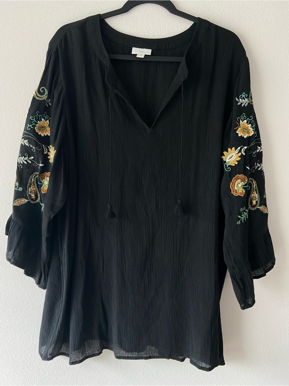 J.Jill Black Embroidered Boho Bell Sleeve Tunic Blouse Size XL